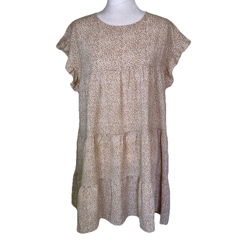 Womens Cottagecore Tiered Babydoll Dress Tan Ditsy Print Flutter Sleeve Sz‎ Med